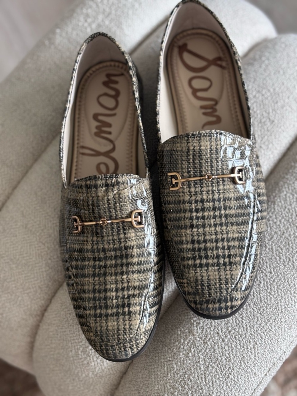 Sam Edelman Plaid Patent Leather Loafers with Gold Bit